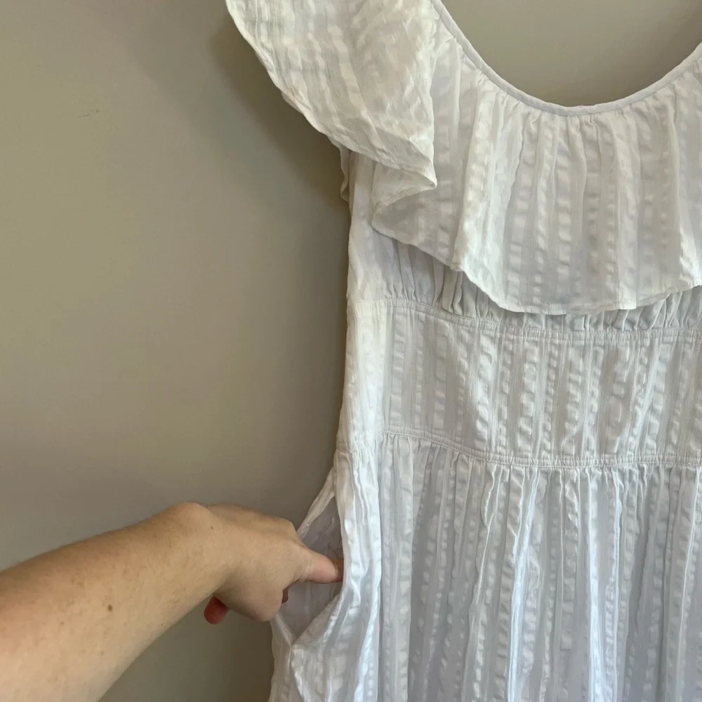 Tory Burch Off Shoulder White Cotton Seersucker Striped Ruffle Dress, size 2 - Picture 9 of 13